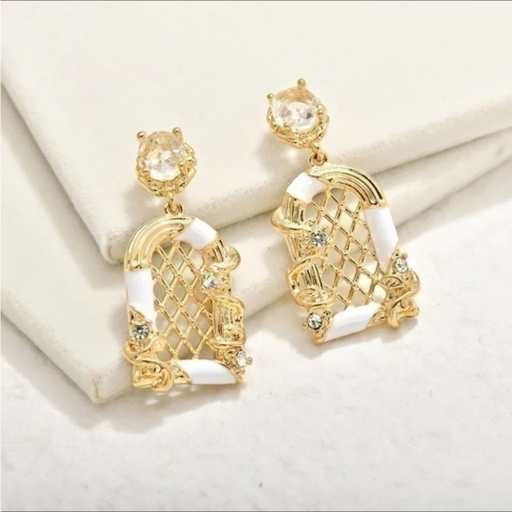 Gold White  Antique Hollow out Mesh Door Birdcage Rhinestone Earrings